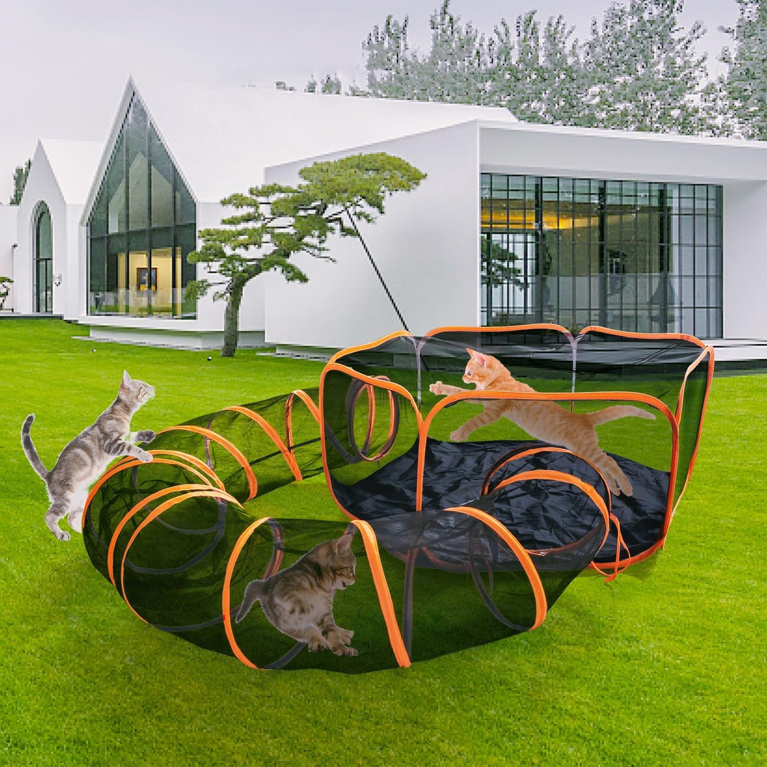 Foldable Cat Enclosure with Connecting Play Tunnel